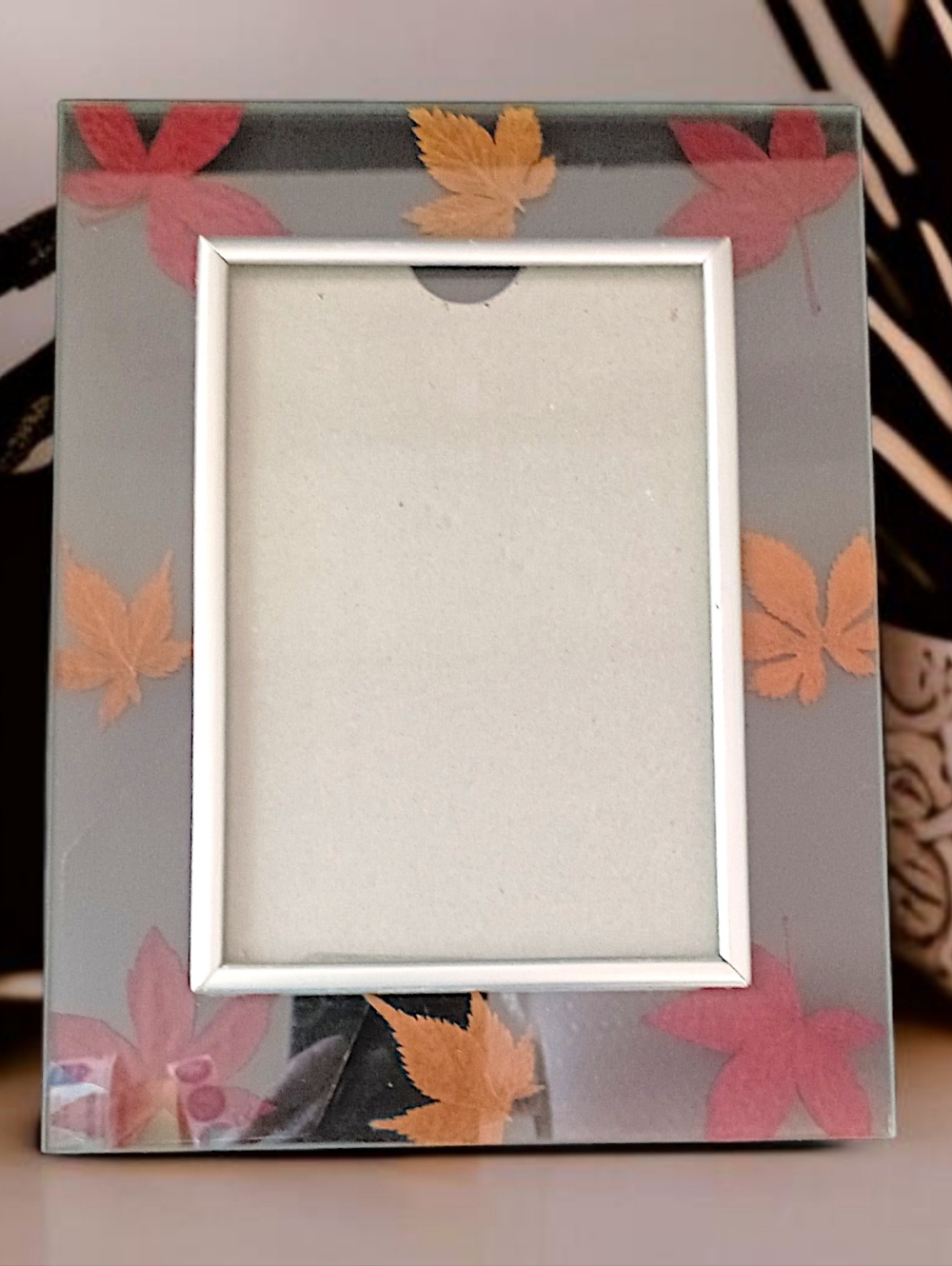 Vtg Dried‎ Pressed Leaf Picture Photo Frame Lead Glass Maple Leaves Farmhouse